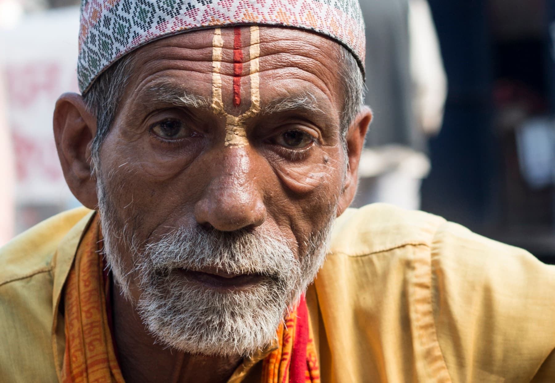 Close portrait of a Vaishnava Hindu priest in Kathmandu